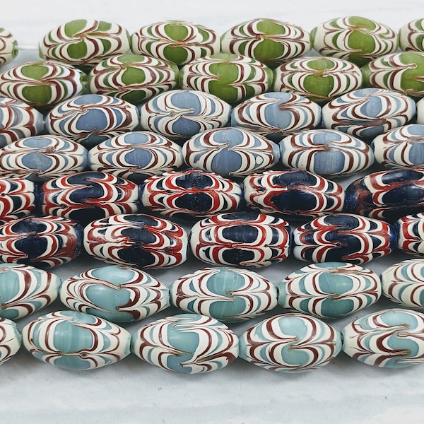 Indonesian Java Chevron Glass Barrel Beads, Tube, African Inspired, Hand Painted, 1 Strand, 18pcs. 25x13mm, Bali, Blues, Greens