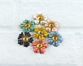 Mixed Color Enamel Flower Bead Caps, Floral, 15mm, 3pcs. Gold, Blue, Lt. Pink, Dk Pink, Yellow, Green, Black or White