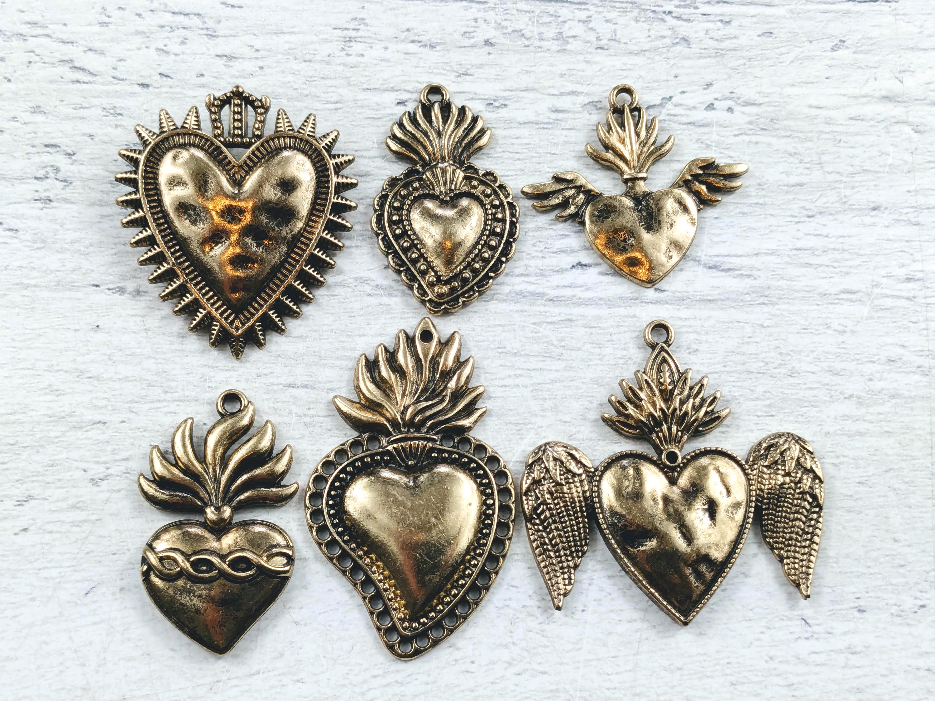 5pcs. Gold Ox Plated Sacred Heart Charms, Winged, Barbed Wire 5pcs. Gold Ox Plated Sacred Heart Charms, Winged, Barbed Wire