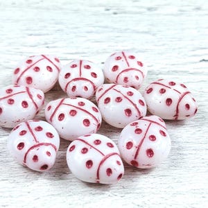 Large Czech Glass Red and White Ladybug Beads, 10pcs. 12mm