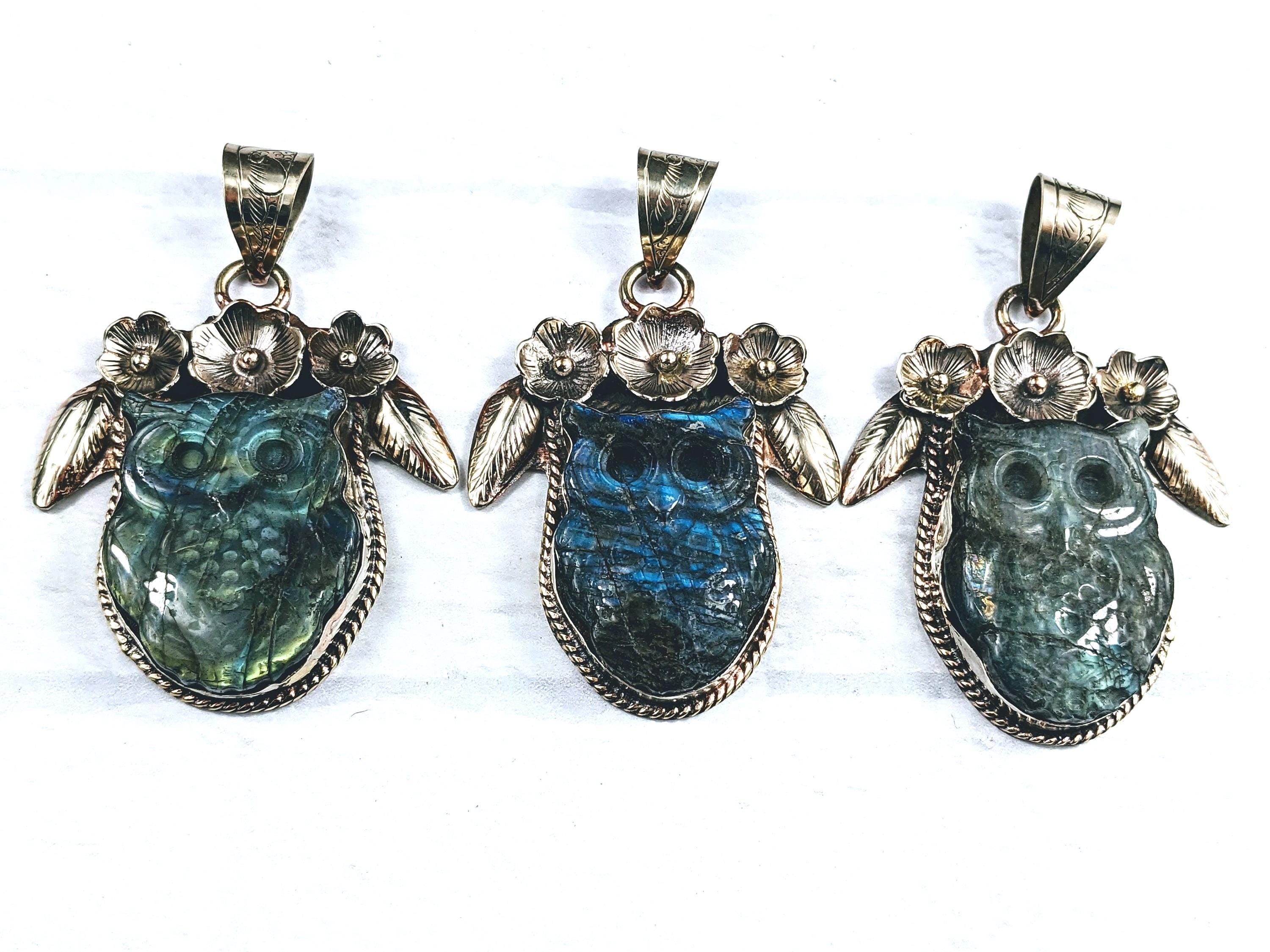 Tibetan Silver and Flash Labradorite Owl with Silver Flowers and Leaves Pendant, 1pc. Hoot, Nepal, L