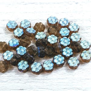 Czech Glass Frosted Matte AB and Smoke Topaz Flower Beads, 6mm, 30pcs.