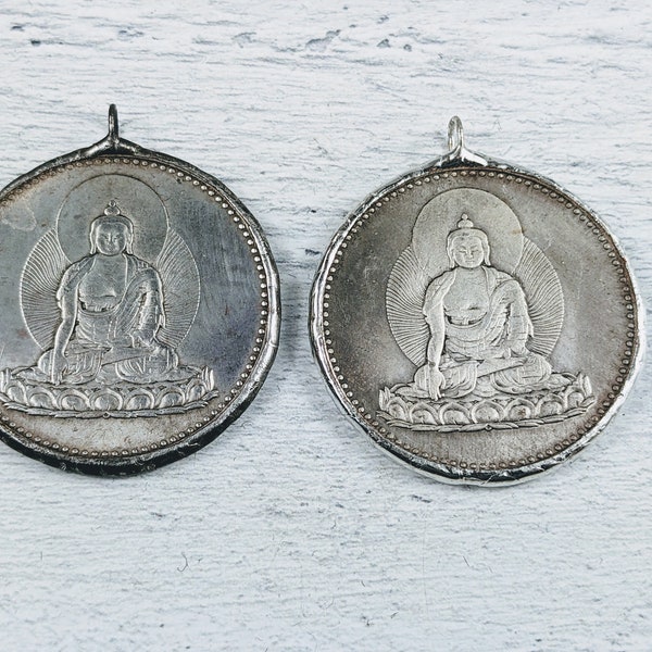 Hand Soldered Meditating Buddha Replica Coin Pendant, Dollar, 1pc. Yoga, Namaste, Ethnic, Patina