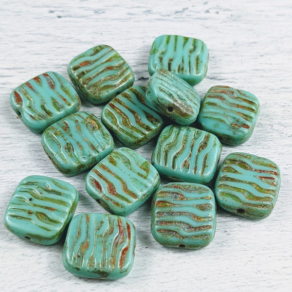 Czech Glass Turquoise Travertine Square Table Cut Beads, 16mm, 6pcs.