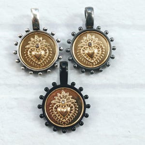 Gold Plated Rhinestone Leaf Sacred Heart Bezel Pendants, Charm, Black, Matte Gunmetal, Antique Silver, 1pc. 38x26mm, Love, Milagro