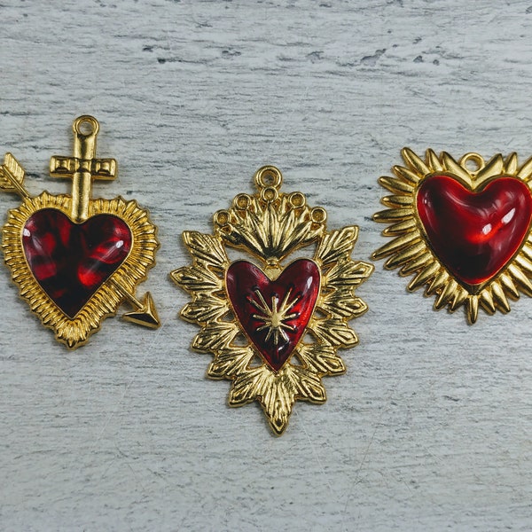 Gold Plated with Red Epoxy Sacred Heart Charms, 2pcs. Spiritual, Love, Religious, Cross, Milagro