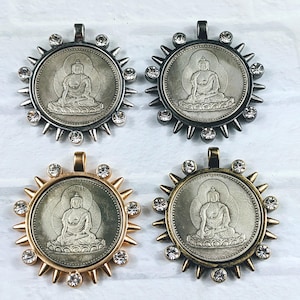 Matte Gold, Gunmetal, Antique Silver, Brass  and Crystal Rhinestone Replica Meditating Buddha Coin Pendant,  Medallion, Bezel,  38mm, 1pc.