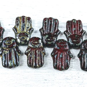 Czech Glass Matte Red Travertine Luster Hamsa Beads, Namaste, Yoga, 4pcs. 20x14mm