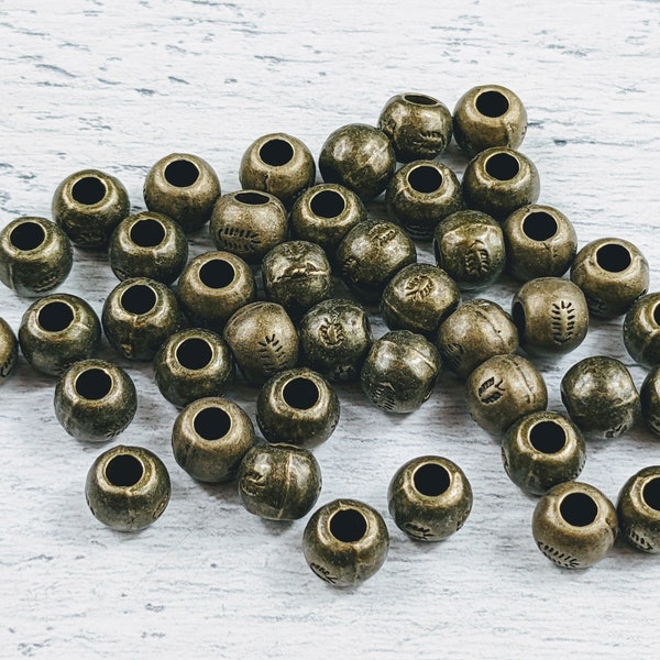 7mm Antique Brass Large Hole Round Spacer Beads, Etched Design, 15pcs. 2.5mm Hole