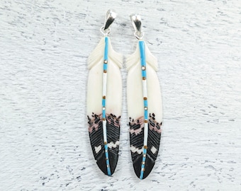 Hand Carved and Painted Water Buffalo Bone Feather Pendant, 1pc. 63x15mm, Blue, Brown and White Color Motif