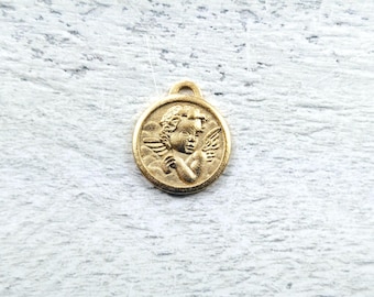 Matte Gold Plated Round Cherub Charm, Cherub, Angel, 19x16mm, Angel