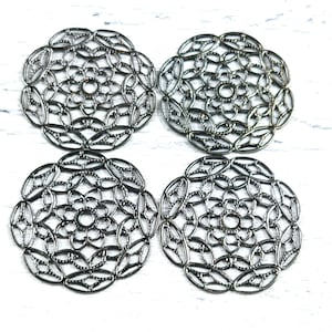 Vintage Gunmetal Flower Filigree Charms, Connectors, Links, 28mm, 4pcs.