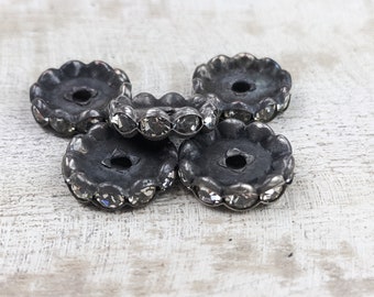 Rare Large Rustic Patina Wavy Clear Crystal Rondelle Beads, 10pcs. 17mm, 3mm Hole, Antiqued, Oxidized Look