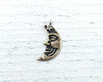 Antique Brass Ox Moon Face with Star CZ Charms, Crystal, Lunar, 25x13mm