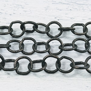 Large Silver Plated Oxidized Hammered Round Cable Link Chain, 13mm, Patina, Sold By The Foot, Rustic