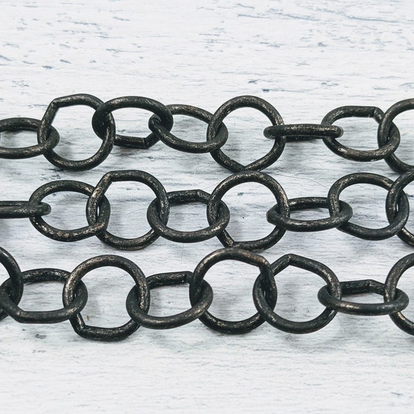 Large Silver Plated Oxidized Hammered Round Cable Link Chain, 13mm, Patina, Sold By The Foot, Rustic