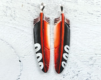 Hand Carved and Painted Water Buffalo Bone Feather Pendant, 1pc. 63x15mm, Vibrant Colors
