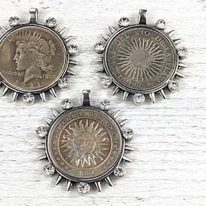 Antique Silver and Crystal Rhinestone Argentine Sun, Sun and Moon or Lady Liberty Replica Coin Pendants, Medallion, Bezel,  38mm, 1pc.
