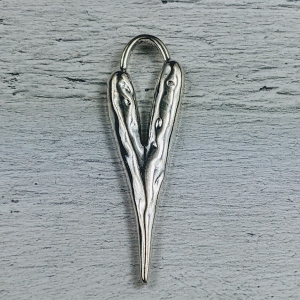 Long Antique Silver Hammered Heart Pendant, Love, 60x18mm,