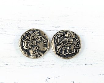 1pc. Antique Brass Ox Greek Owl Athena Replica Charm, Ethnic, Ancient Greek Style, 20mm