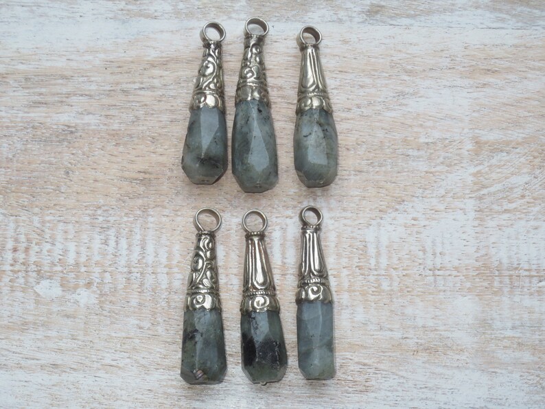 Tear Drop Large Tibetan Silver and Faceted Labradorite Gemstone Repousse Teardrop Pendant Nepalese Nepal