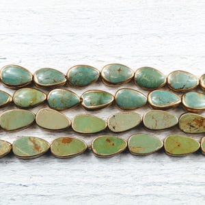 ONE BEAD Flat or Puffy Teardrop Turquoise with Gold/Copper Edging Beads, 11-12x8mm, Southwestern, 1pc.
