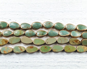 ONE BEAD Flat or Puffy Teardrop Turquoise with Gold/Copper Edging Beads, 11-12x8mm, Southwestern, 1pc.