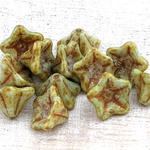 Czech Glass Green Picasso Bellflower Beads, 12mm, 12pcs.