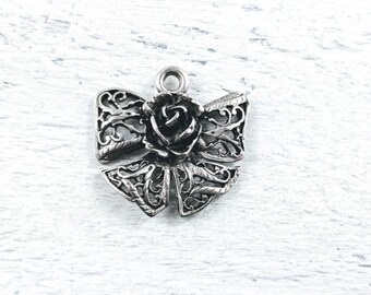 Antique Silver Ox Plated Rose Filigree Bow Charm, Fancy, Ribbon Bow, 32x30mm