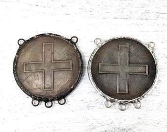Hand Soldered Cross Replica Coin Triple Loop Pendant, Connector, Link, 45mm, Religious, Spiritual, Patina or Silver, 1pc.