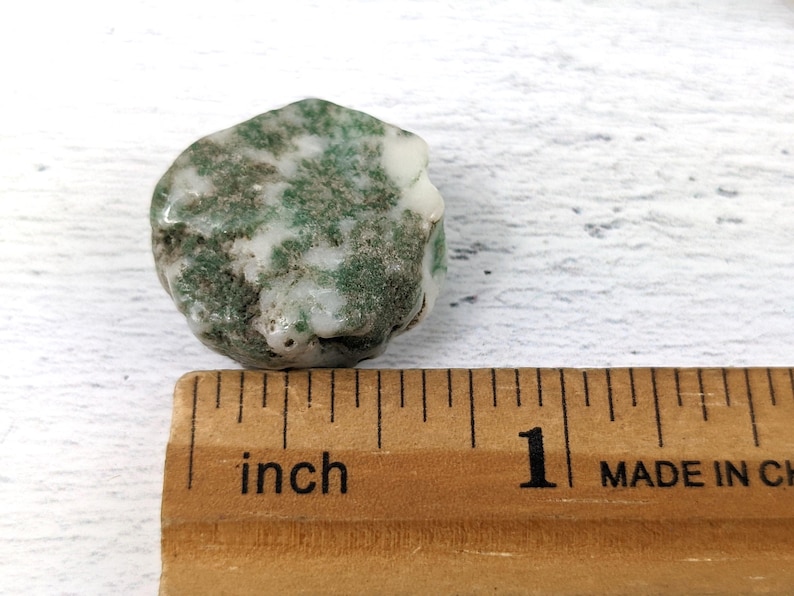 May include: A small, round, green and white agate stone measuring approximately 1 inch in diameter. The stone has a mottled appearance with green and white patterns.