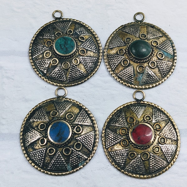 Brass and Jade Gemstone Turkmen Pendant, Charms, 32mm, Textured, Tribal, Ethnic, Afghani, 1pc.