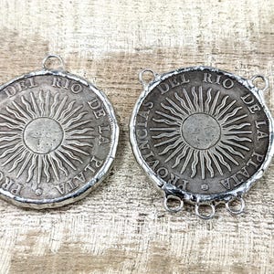 Hand Soldered Argentine Sun Replica Coin Pendant, Connector, 3 Ring, Sol, 38mm, Celestial, 1pc.