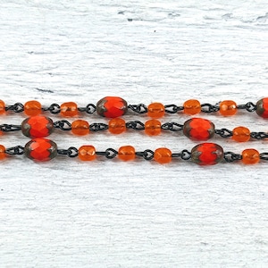 Czech Glass Coral Travertine and Fire Opal Orange Fire Polished Faceted Bead Chain, Black Wire, 1ft. 4mm and 6mm, Rosary
