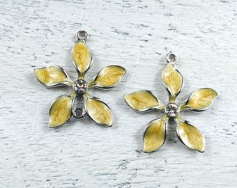 Yellow Enamel and Rhinestone Silver Plated Flower Connector or Pendant, 1pc. 38x36mm