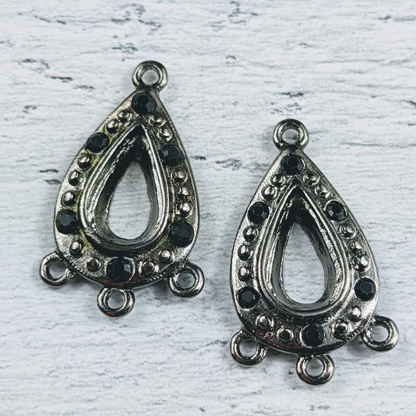 Gunmetal and Black Rhinestone Ornate Chandelier Teardrop Earrings, Dangle Earring Charms, Connector Charms, Links, 6pcs. Boho