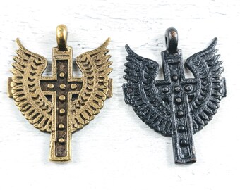 Black Plated and Brass Large Ornate Ethnic Winged Cross Pendants, 2pcs. Spiritual, Textured, Religious, Cutout Designs, 76x64mm