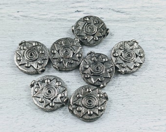 16mm Antique Silver Double Sided Round Sun Beads, Raised Design, Solar, 5pcs. Disc