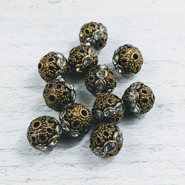 Antique Brass and Clear Rhinestone Filigree Round Beads, Spacers, Ornate, 10mm, 10pcs.