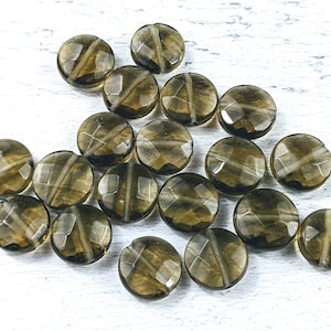 12mm Faceted Smokey Quartz Gemstone Coin Beads, 11pcs. Smoky