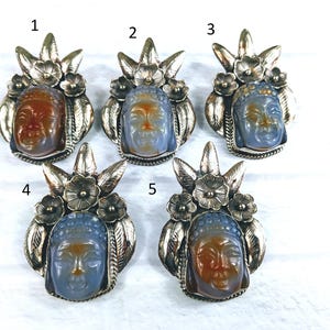 Tibetan Silver and Red Agate Gemstone Buddha Head with Silver Flowers Pendant, Nepal, 1pc. Lotus Flower, Namaste, Yoga, 66x45mm