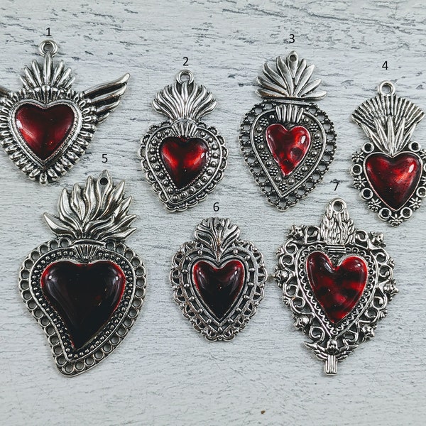 Antique Silver and Red Epoxy Sacred Heart Charms, Sacred Heart, 2pcs. Love, Flaming, Milago, Winged