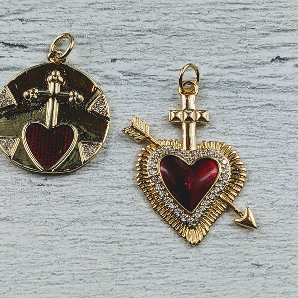 18k Gold Plated CZ Red Sacred Heart Charms, Cubic Zirconia, Arrow Cross, Love, Milagro Ex Voto, 1pc.