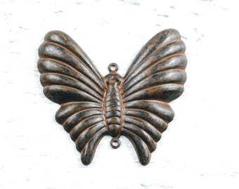Rustic Brown Plated Ornate Grooved Butterfly Connector, Link, Pendant, Insect, 40x38mm
