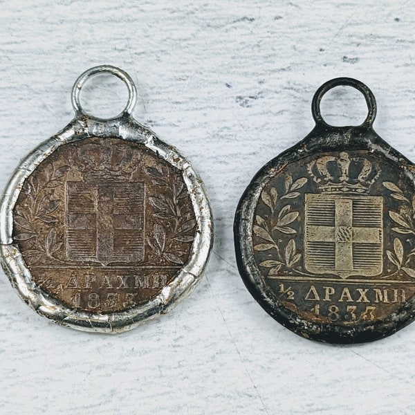 Hand Soldered Greece Royal Crown Cross Replica Coin Charm, Silver or Patina, Shield, 1pc. 19mm