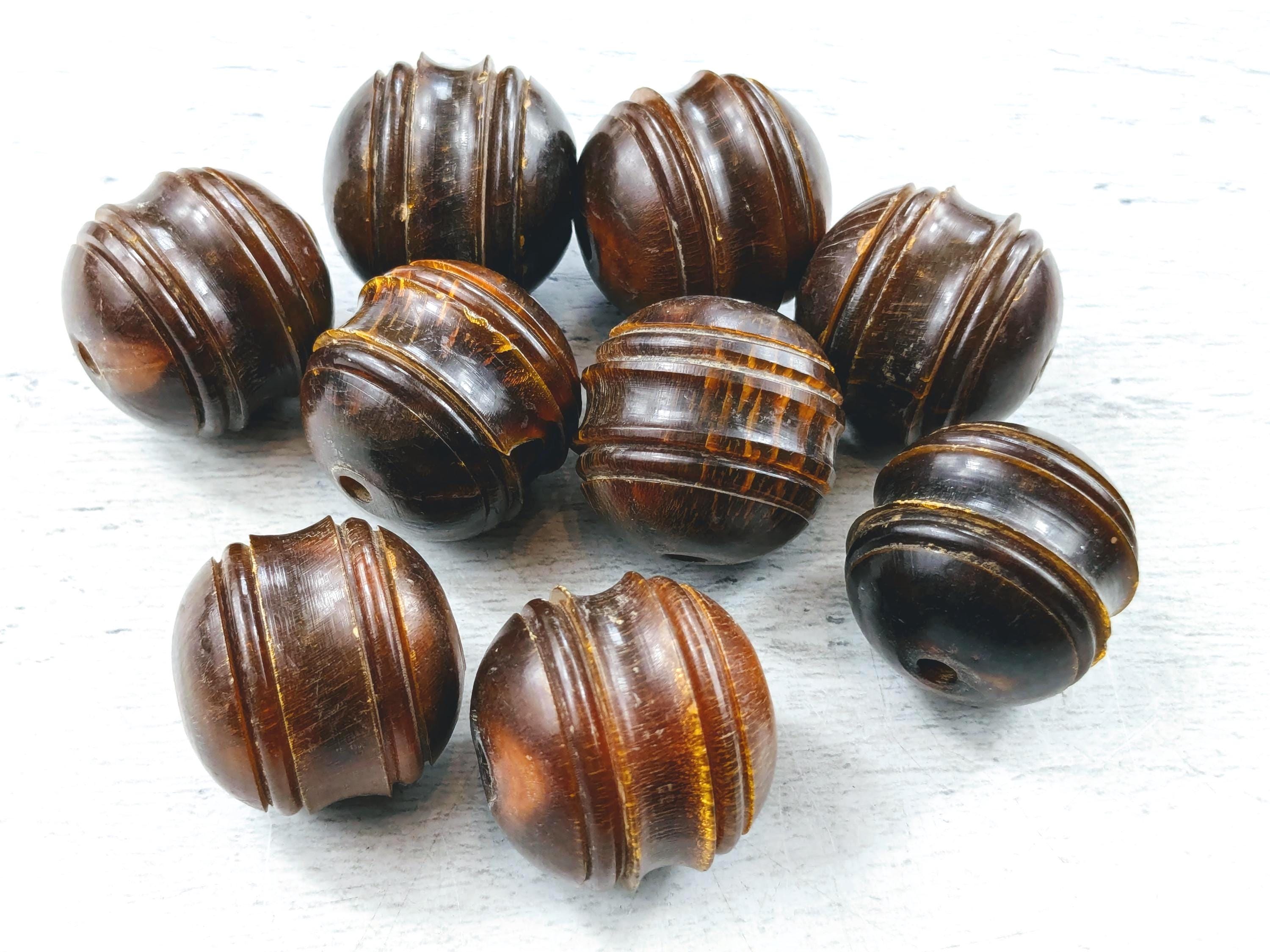 Lot De 4 Perles En Corne Striées Noires - Grosses Perles Rondes Pour Création Bijoux