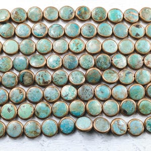 ONE BEAD Turquoise with Gold/Copper Edging Coin Bead, 11mm, Southwestern, Disc Bead