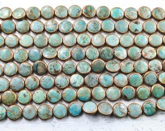ONE BEAD Turquoise with Gold/Copper Edging Coin Bead, 11mm, Southwestern, Disc Bead