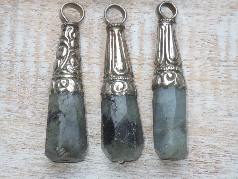 Tear Drop Large Tibetan Silver and Faceted Labradorite Gemstone Repousse Teardrop Pendant Nepalese Nepal