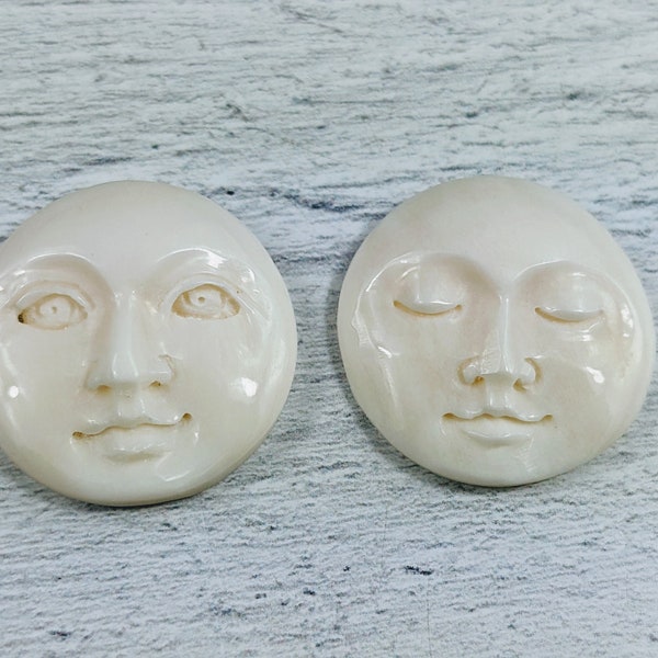 Hand Carved Water Buffalo Bone Open or Closed Eyes Moon Face Cabochon, No Holes, 1pc. Approx. 25mm